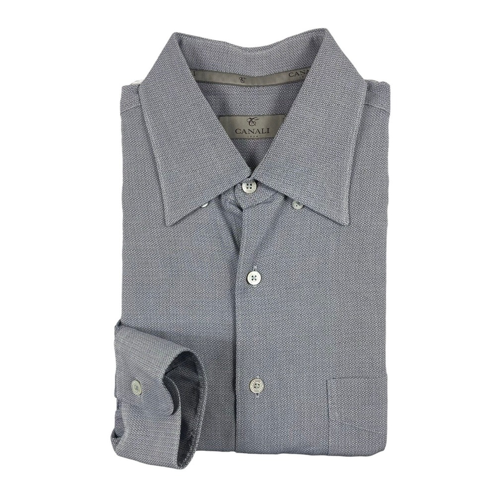 Canali 1934 Gray Blue Geometric Cotton Mens L/S Button Front Size Large